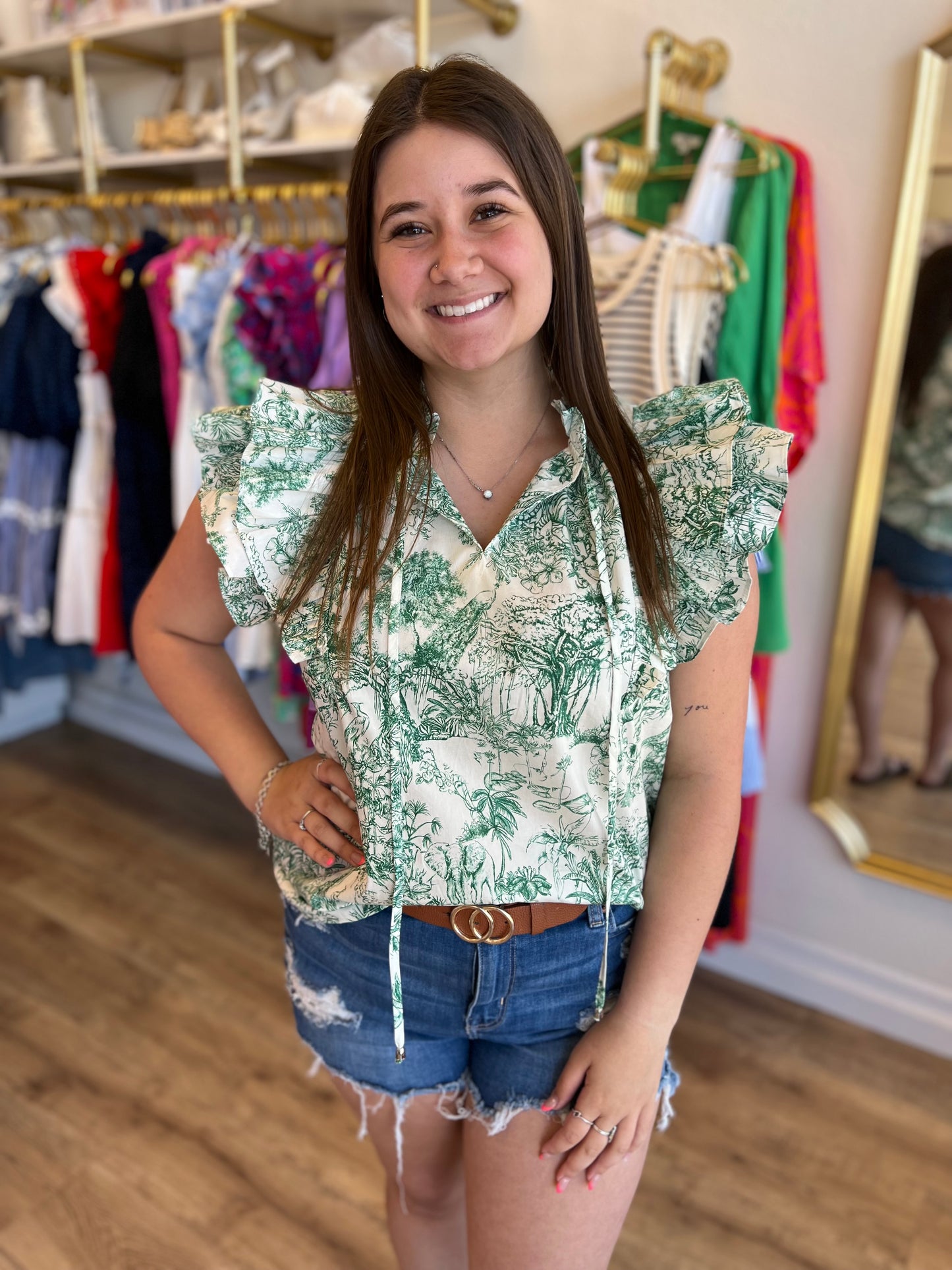 “A Moment in Time” Green Toile Flutter Sleeve Top