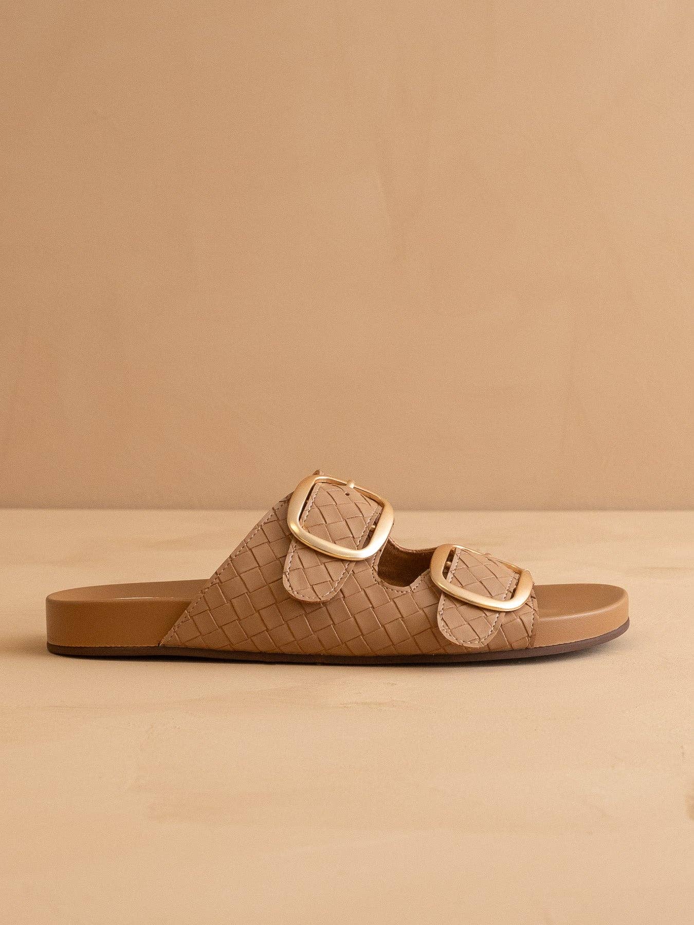 Almond Woven Slide with Oversized Gold Buckles