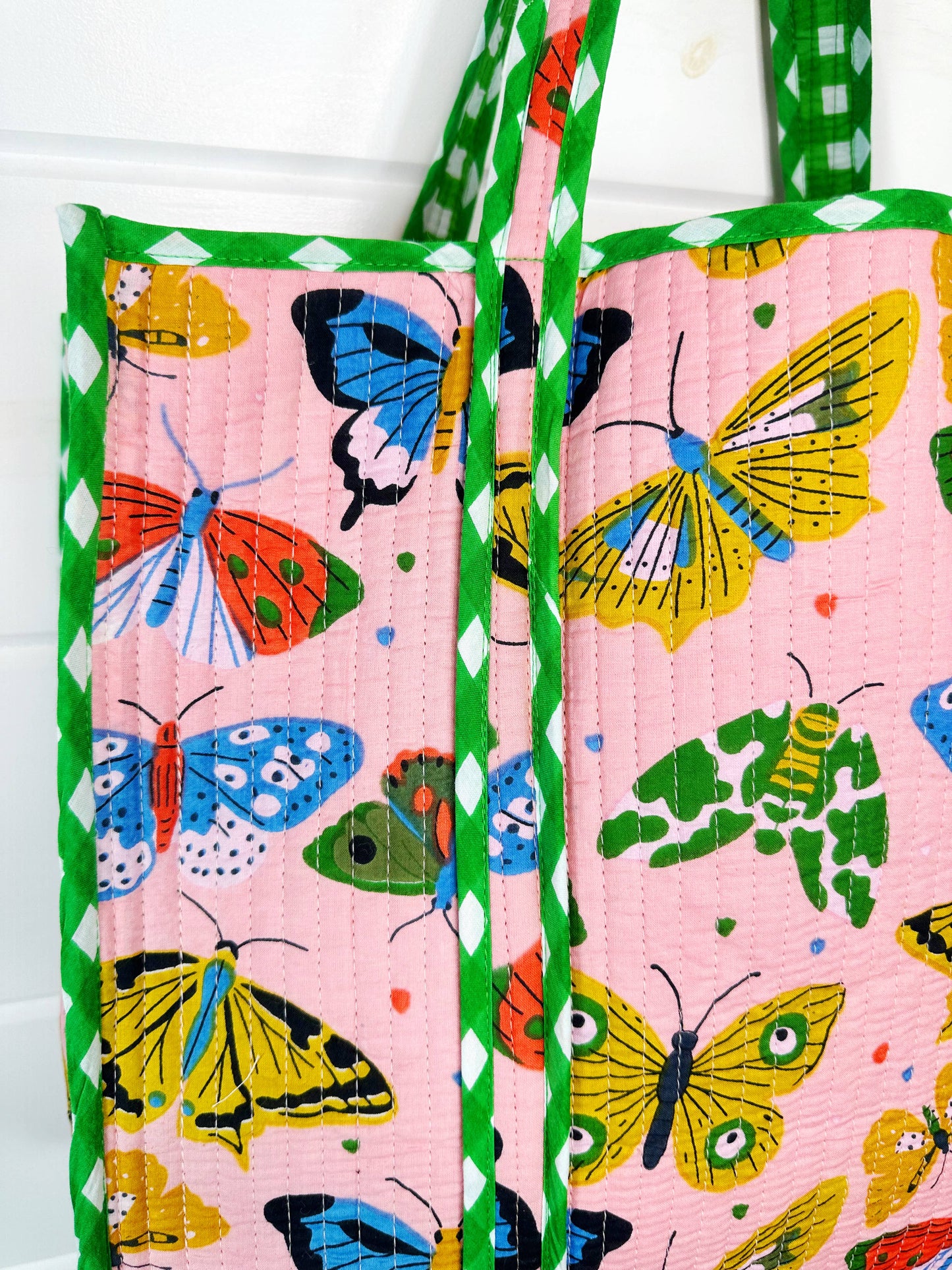 Pink Butterfly Print Large Quilted Tote Bag