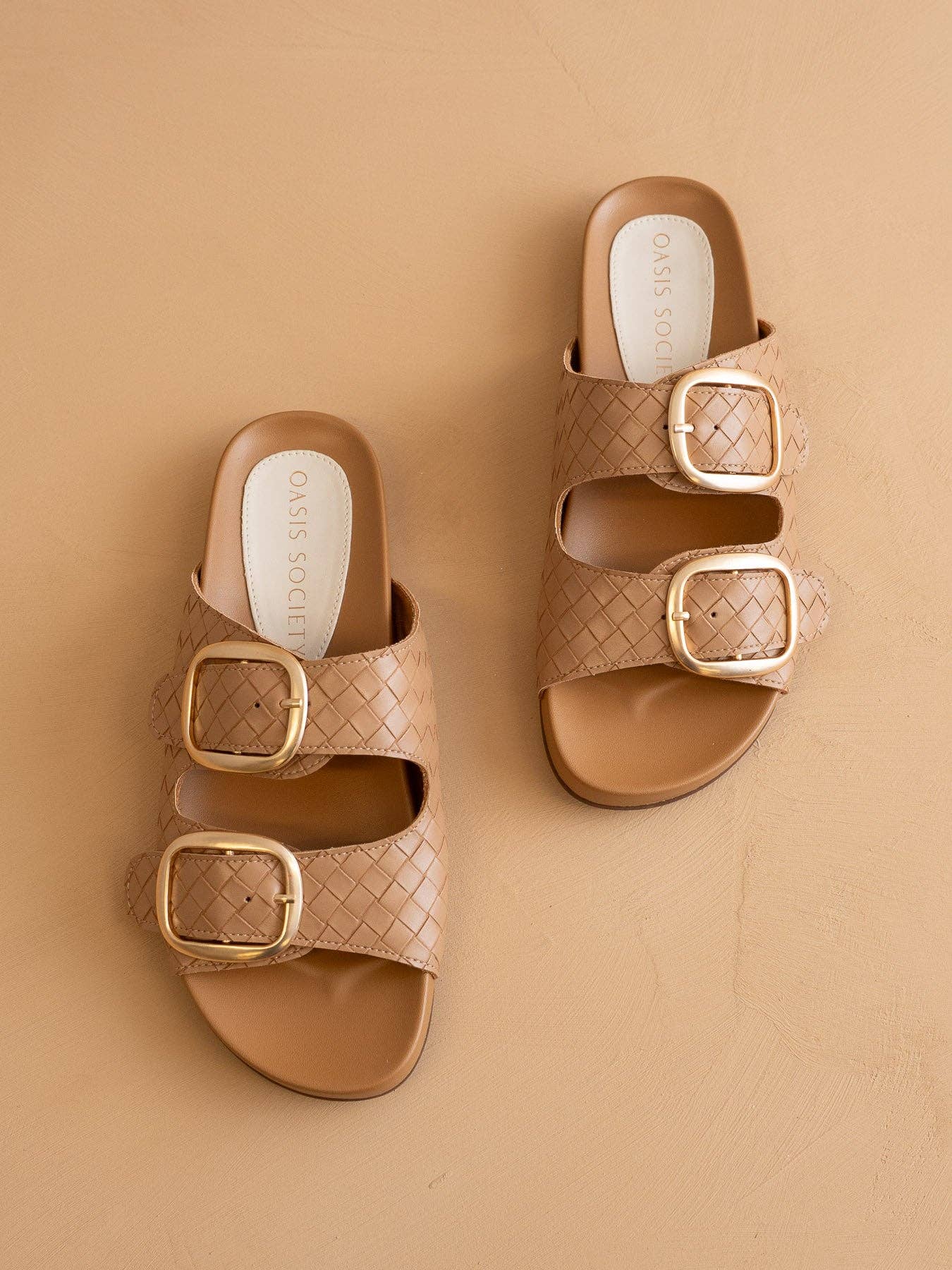 Almond Woven Slide with Oversized Gold Buckles