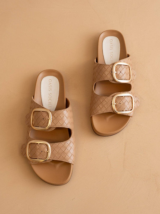Almond Woven Slide with Oversized Gold Buckles