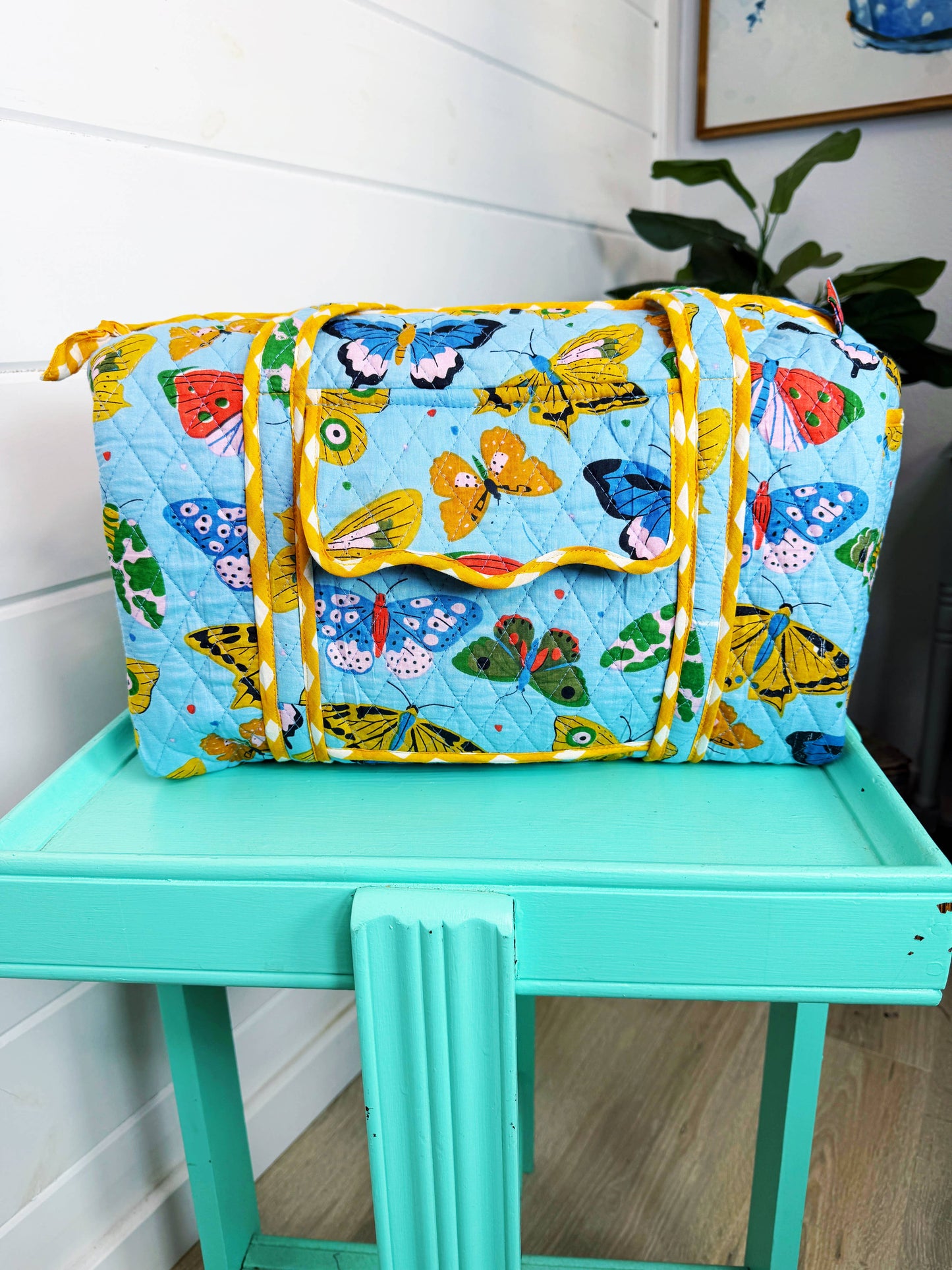 Blue Butterfly Quilted Overnight Bag
