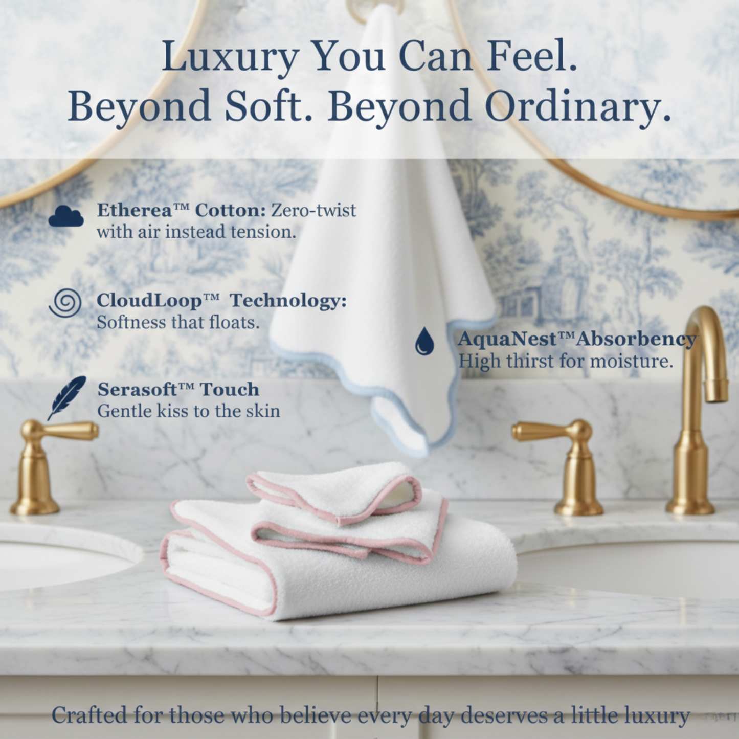Luxury Cotton Hand Towels with Scallop Piping: Dispenza Blue Piping / Hand Towel (4 Piece Set)