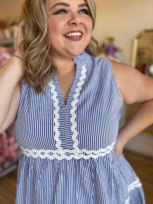 "Coastal Cutie" Blue and White Stripe Ric Rac Dress