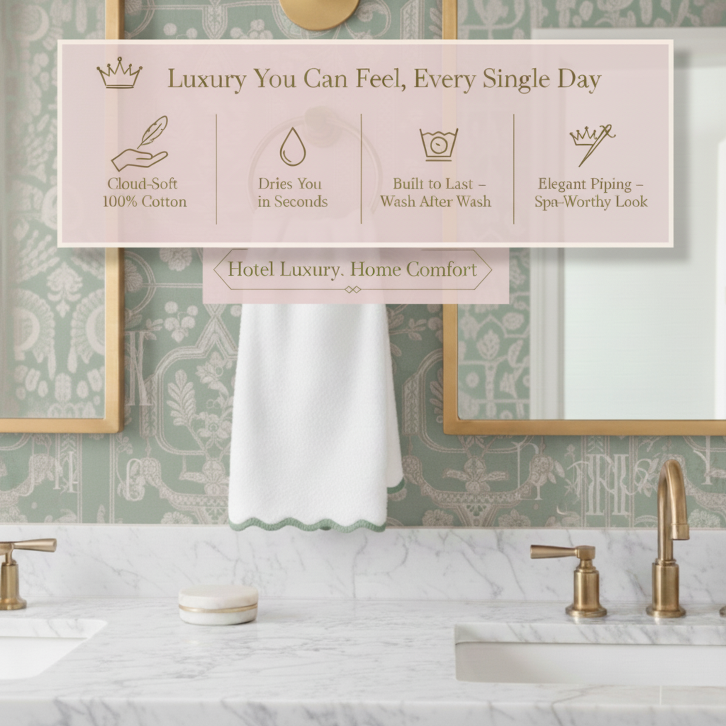 Sage Piping Scallop Luxury Cotton Hand Towel