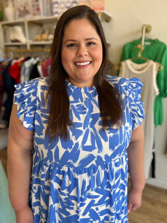 "Flirtatious Frills" Plus-Size Blue and White Tiered Midi Dress