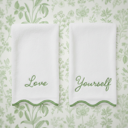 Luxury Cotton Hand Towels with Scallop Piping: Sage Piping / Hand Towel (4 Piece Set)