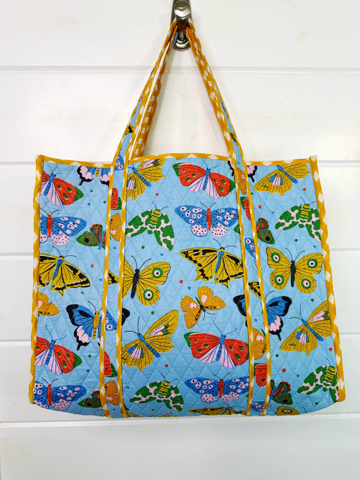 Blue Butterfly Print Large Quilted Tote Bag