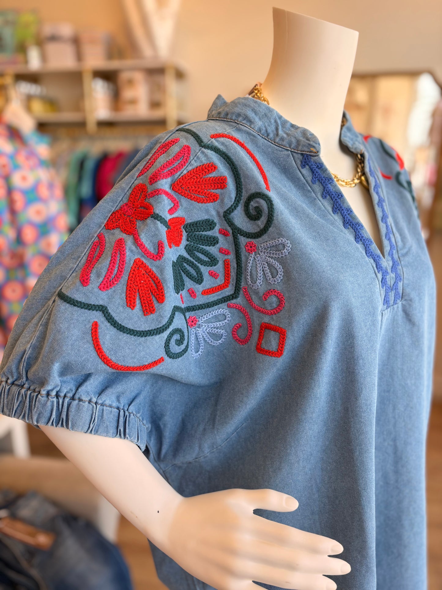 Land of Lovely Curvy Denim Embroidery Top