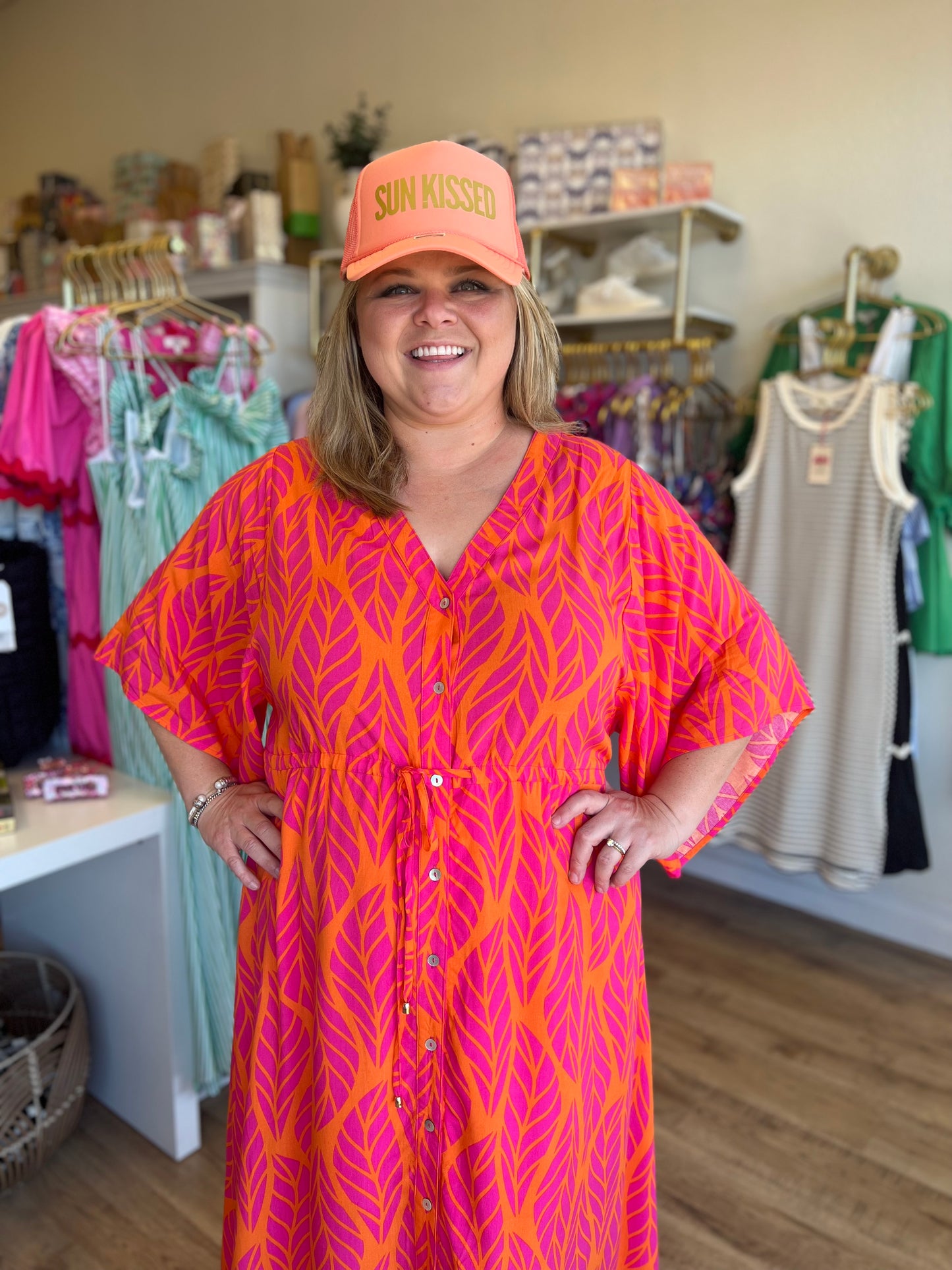 "Meet Me in Mexico" Pink and Orange Leaf Print Maxi Dress