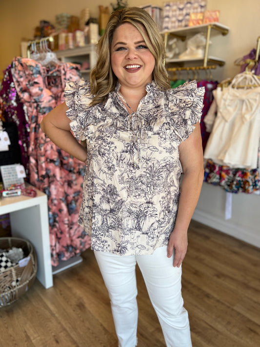 RESTOCKED! "A Moment in Time" Curvy Toile Flutter Sleeve Top