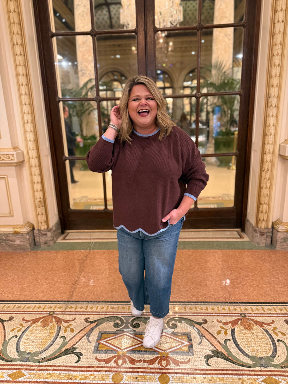 Sunsets in Spain Curvy Brown Scalloped Sweater