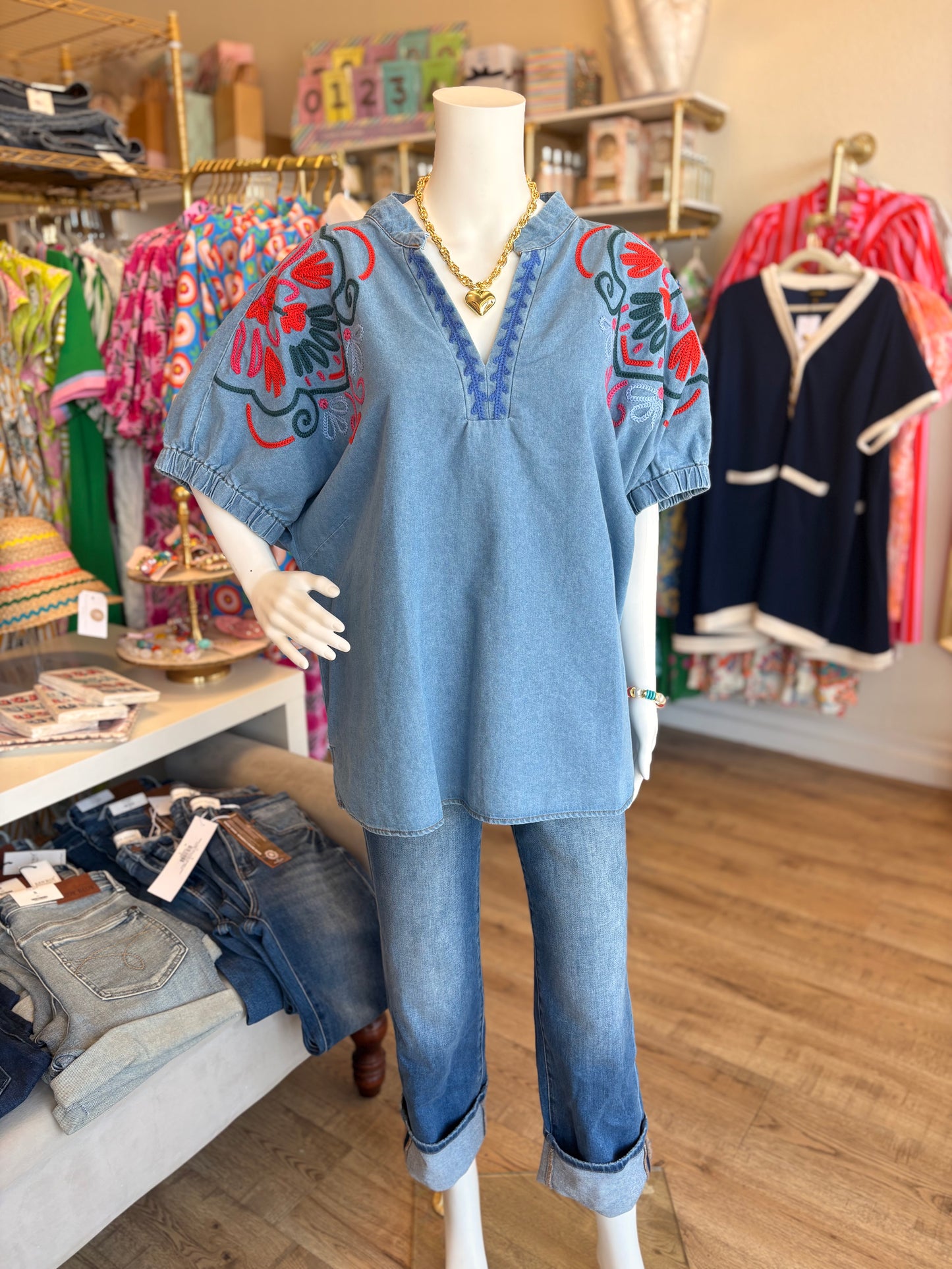 Land of Lovely Curvy Denim Embroidery Top