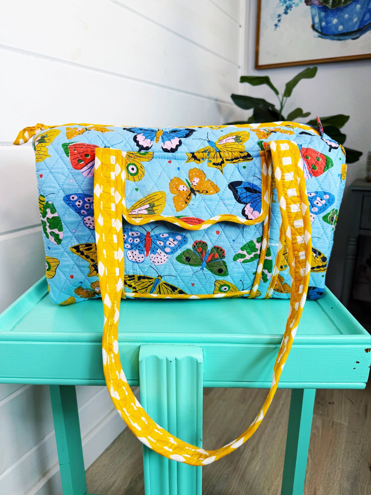 Blue Butterfly Quilted Overnight Bag