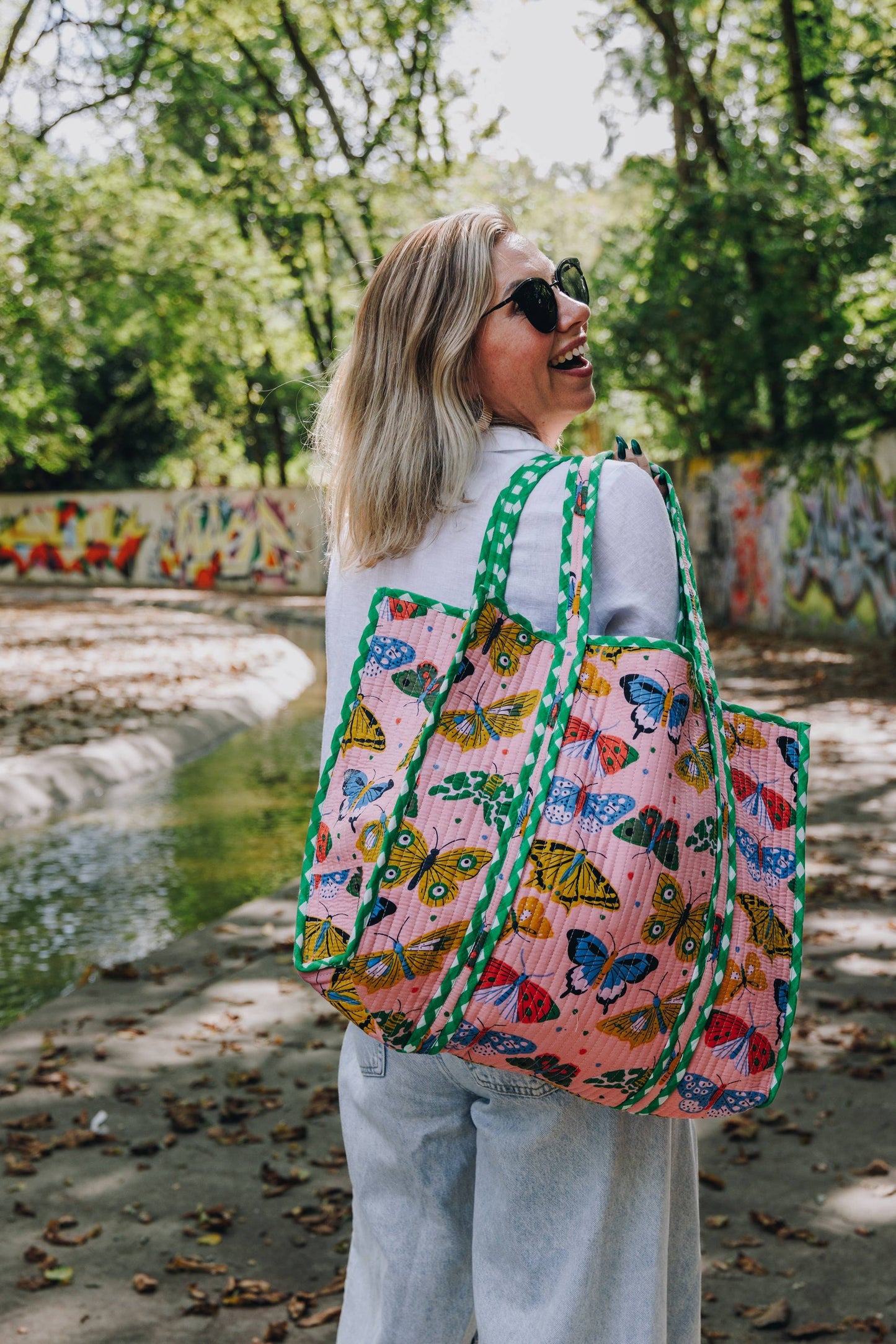 Pink Butterfly Print Large Quilted Tote Bag