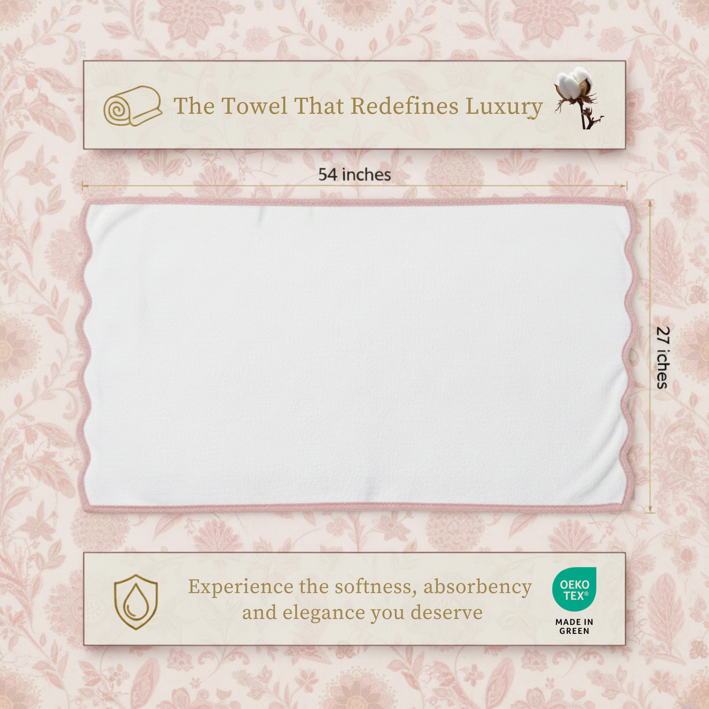 Luxury Cotton Hand Towels with Scallop Piping: Pink Piping / Hand Towel (4 Piece Set)