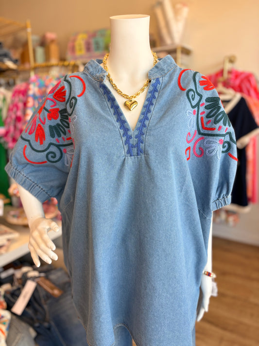 Land of Lovely Curvy Denim Embroidery Top
