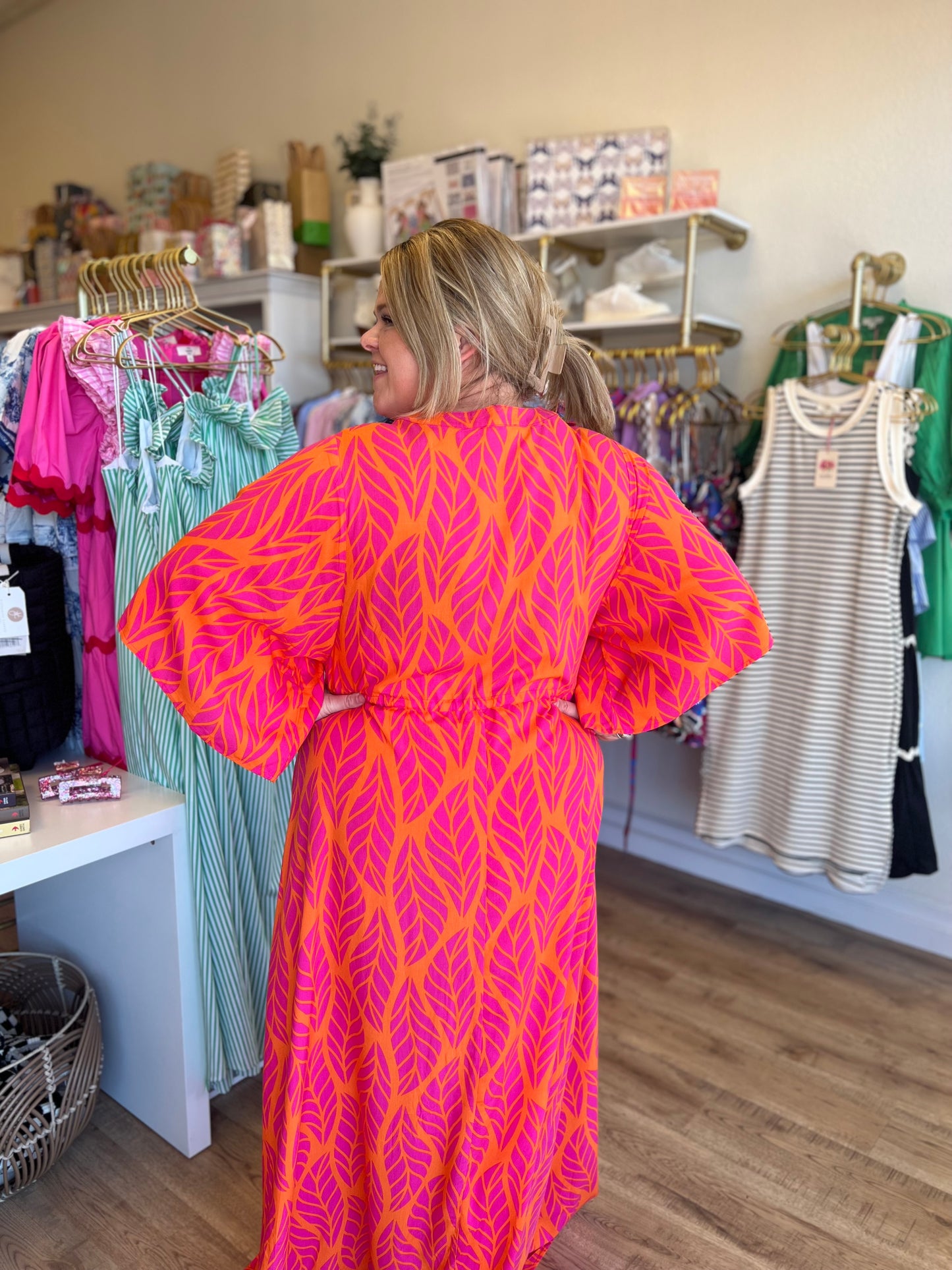 "Meet Me in Mexico" Pink and Orange Leaf Print Maxi Dress