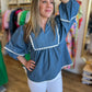"Scallops & Shells" Denim Scallop 3/4 Sleeve Top