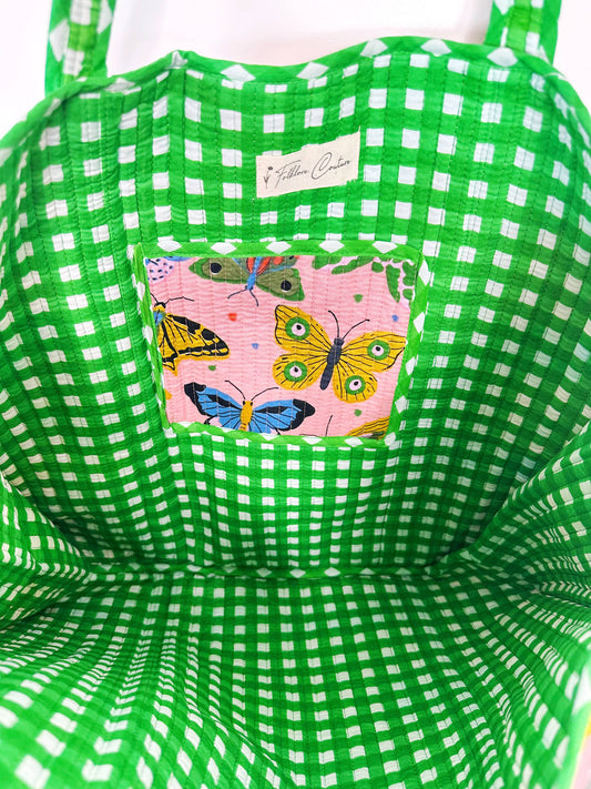 Pink Butterfly Print Large Quilted Tote Bag