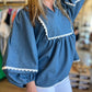 "Scallops & Shells" Denim Scallop 3/4 Sleeve Top