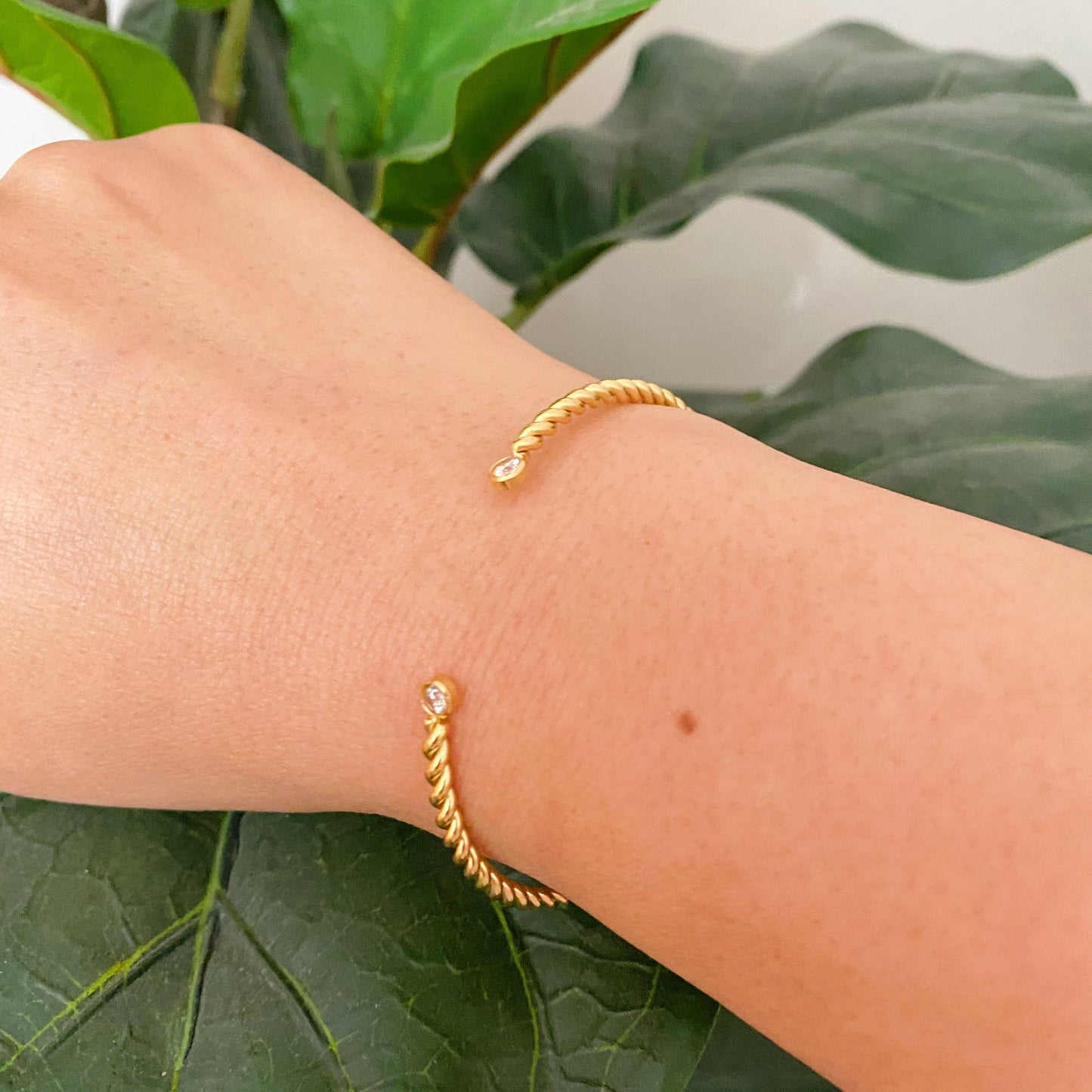 Slim and Cabled Open Gold Bangle Bracelet