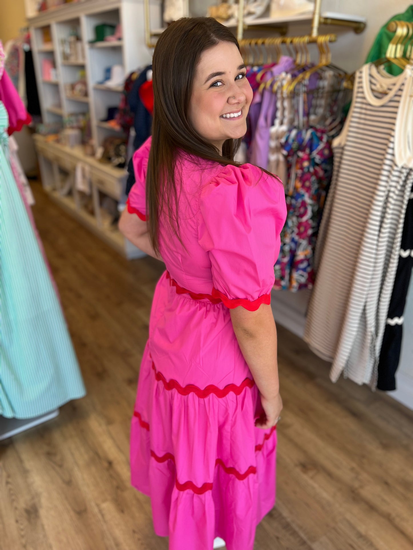 "Star of the Show" Red and Pink Ric Rac Midi Dress