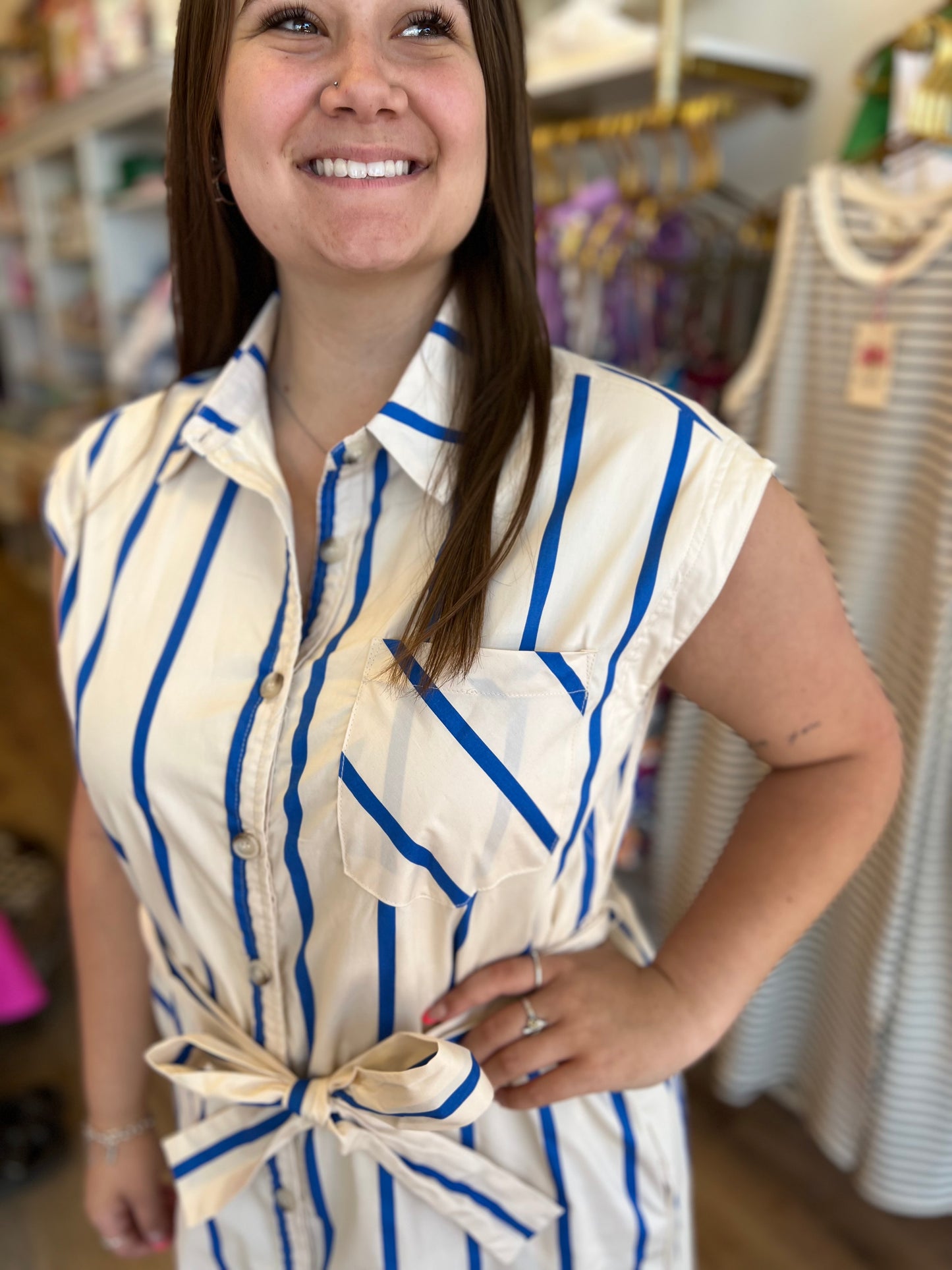 “Anchors Away” Natural Blue Stripe Belted Midi Dress