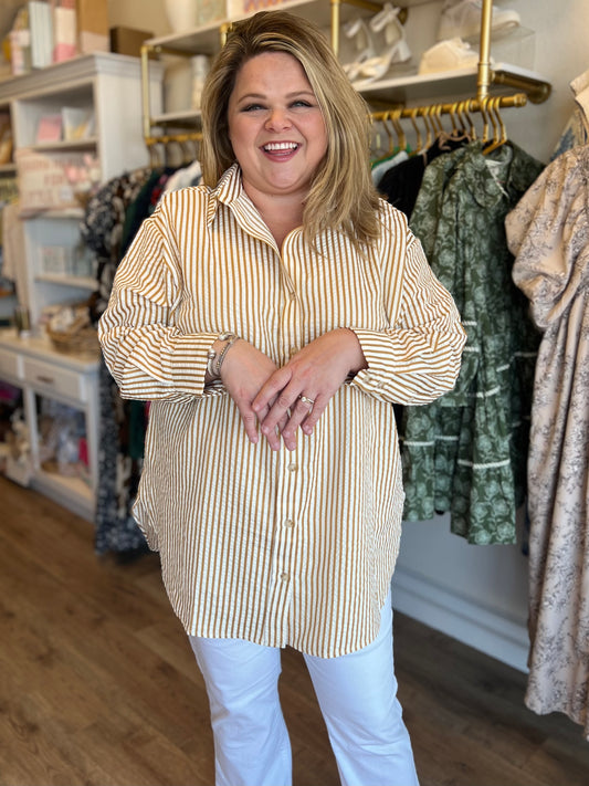 RESTOCKED! “Upper Class Taste" Curvy Gold Striped Tunic