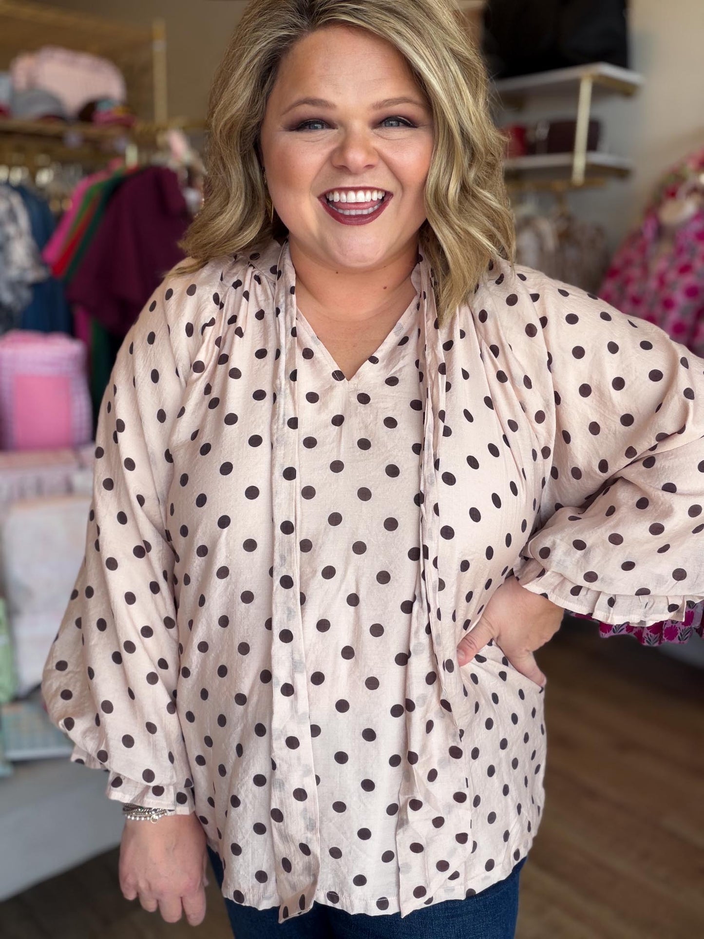A Classic Affair Curvy Ecru Polka Dot Top