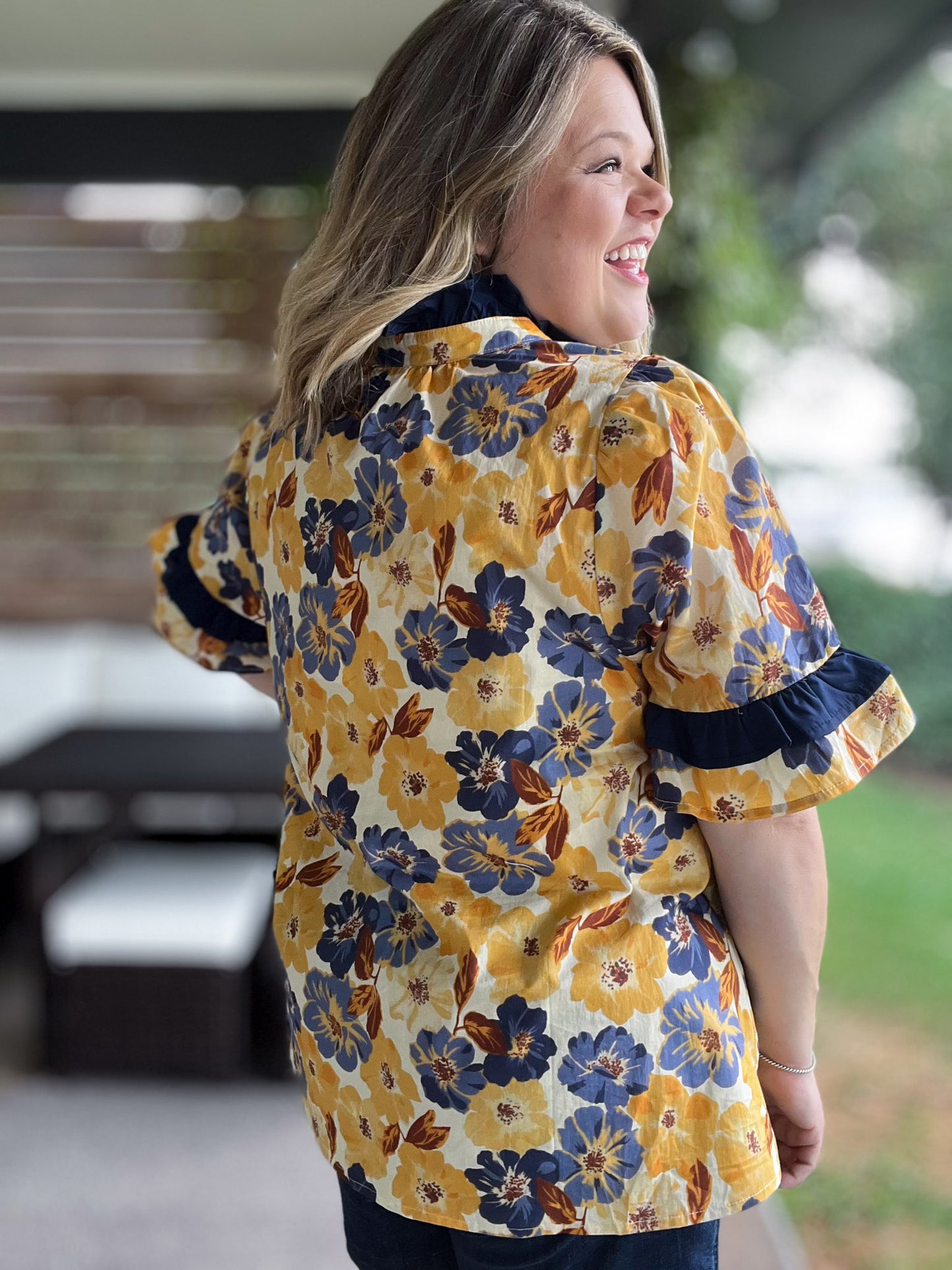 A Drop of Golden Sun Curvy Ruffle Trim Floral Shirt