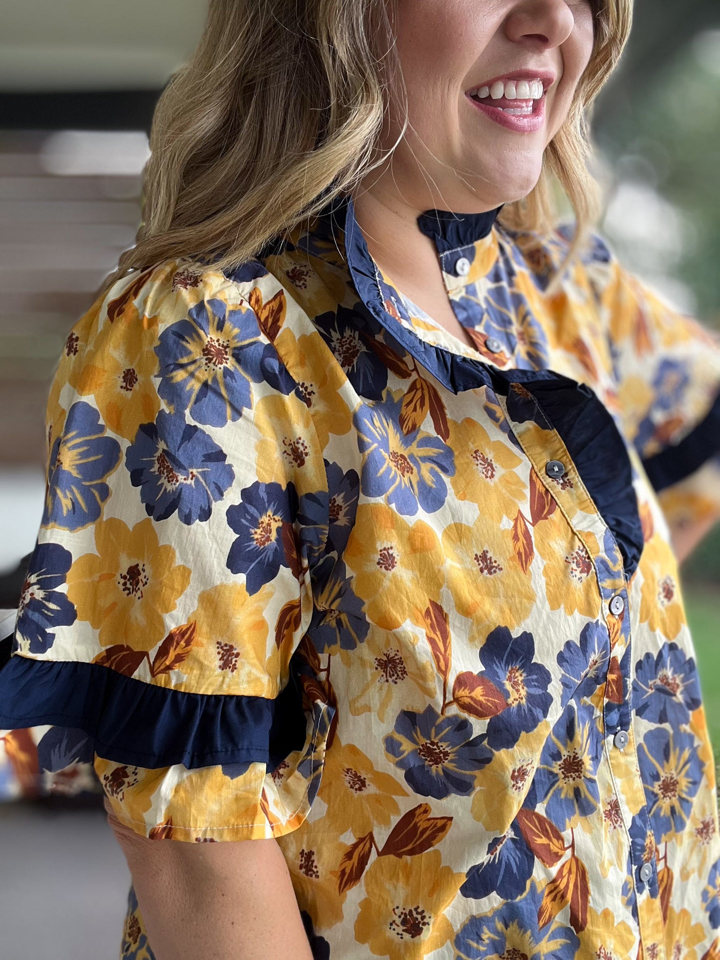 A Drop of Golden Sun Curvy Ruffle Trim Floral Shirt