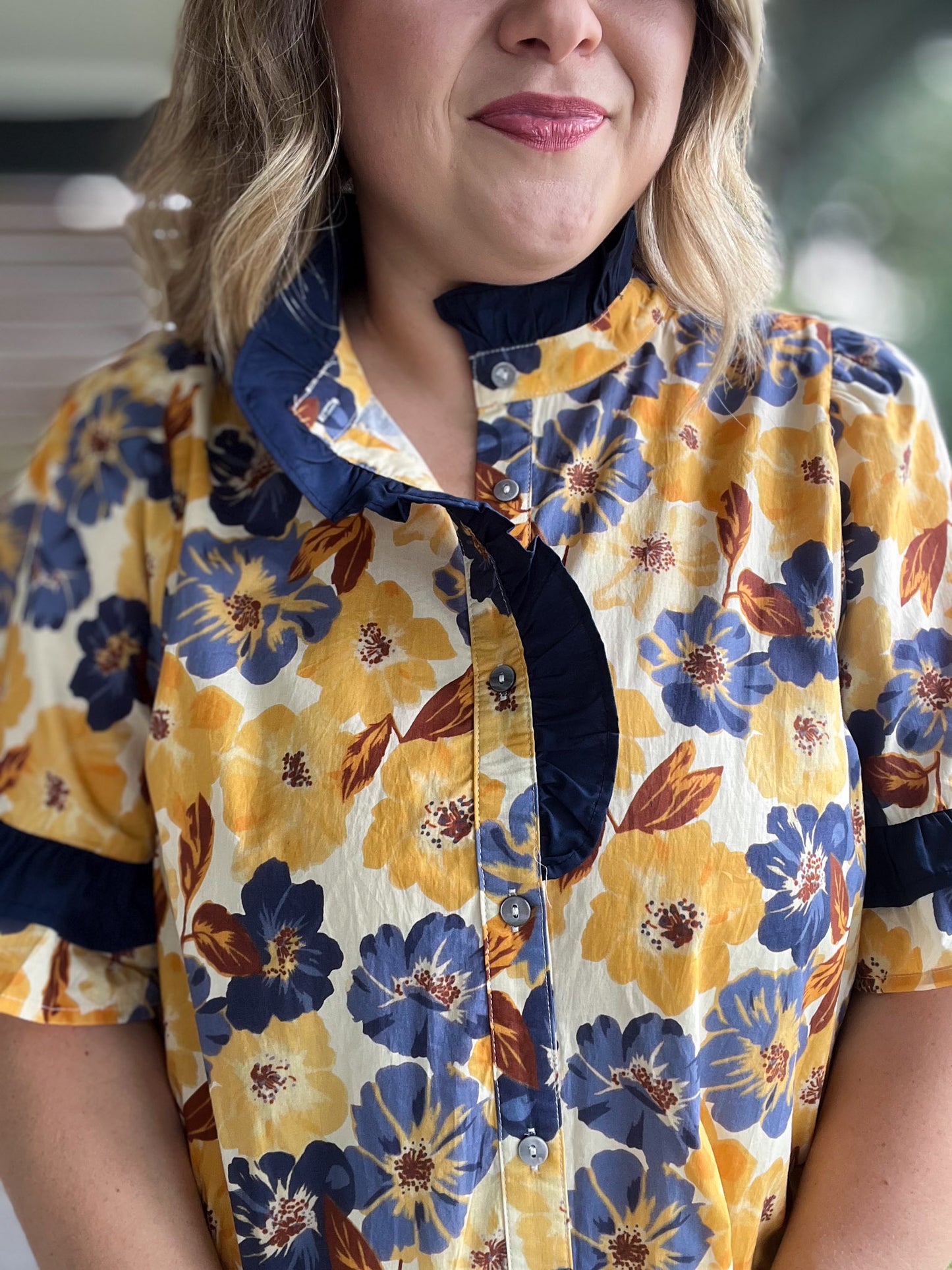 A Drop of Golden Sun Curvy Ruffle Trim Floral Shirt