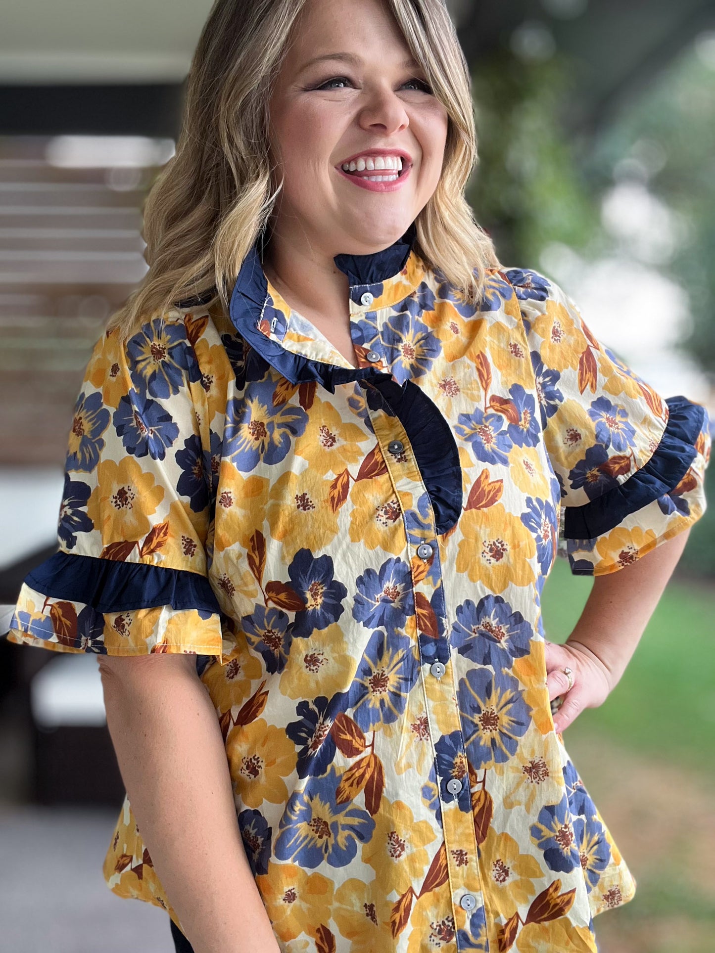 A Drop of Golden Sun Curvy Ruffle Trim Floral Shirt