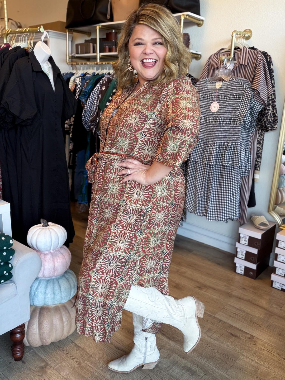 A Little More Dandelion Curvy Rust Abstract Midi Dress