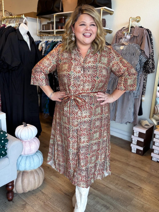 A Little More Dandelion Curvy Rust Abstract Midi Dress
