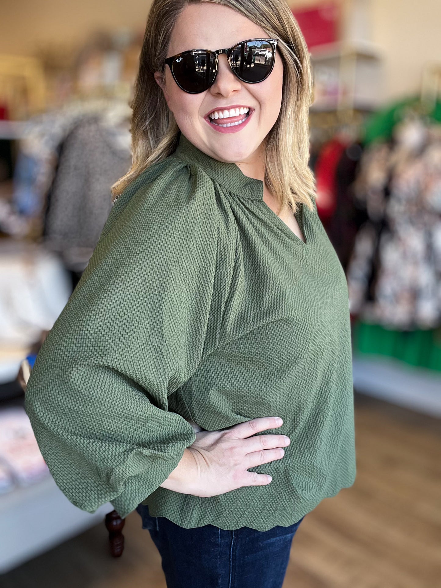 A ‘Tini Bit Better Curvy Olive Scalloped 3/4 Sleeve Top