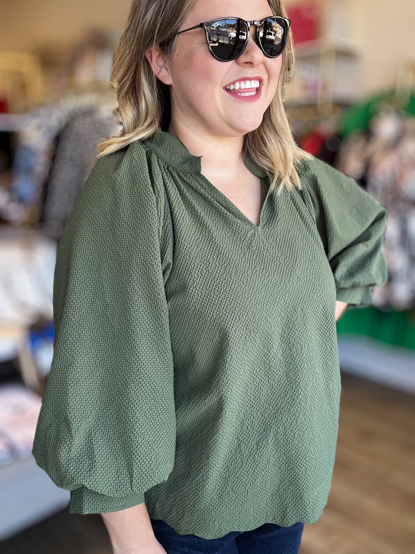 A ‘Tini Bit Better Curvy Olive Scalloped 3/4 Sleeve Top