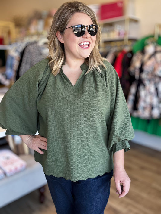 A ‘Tini Bit Better Curvy Olive Scalloped 3/4 Sleeve Top