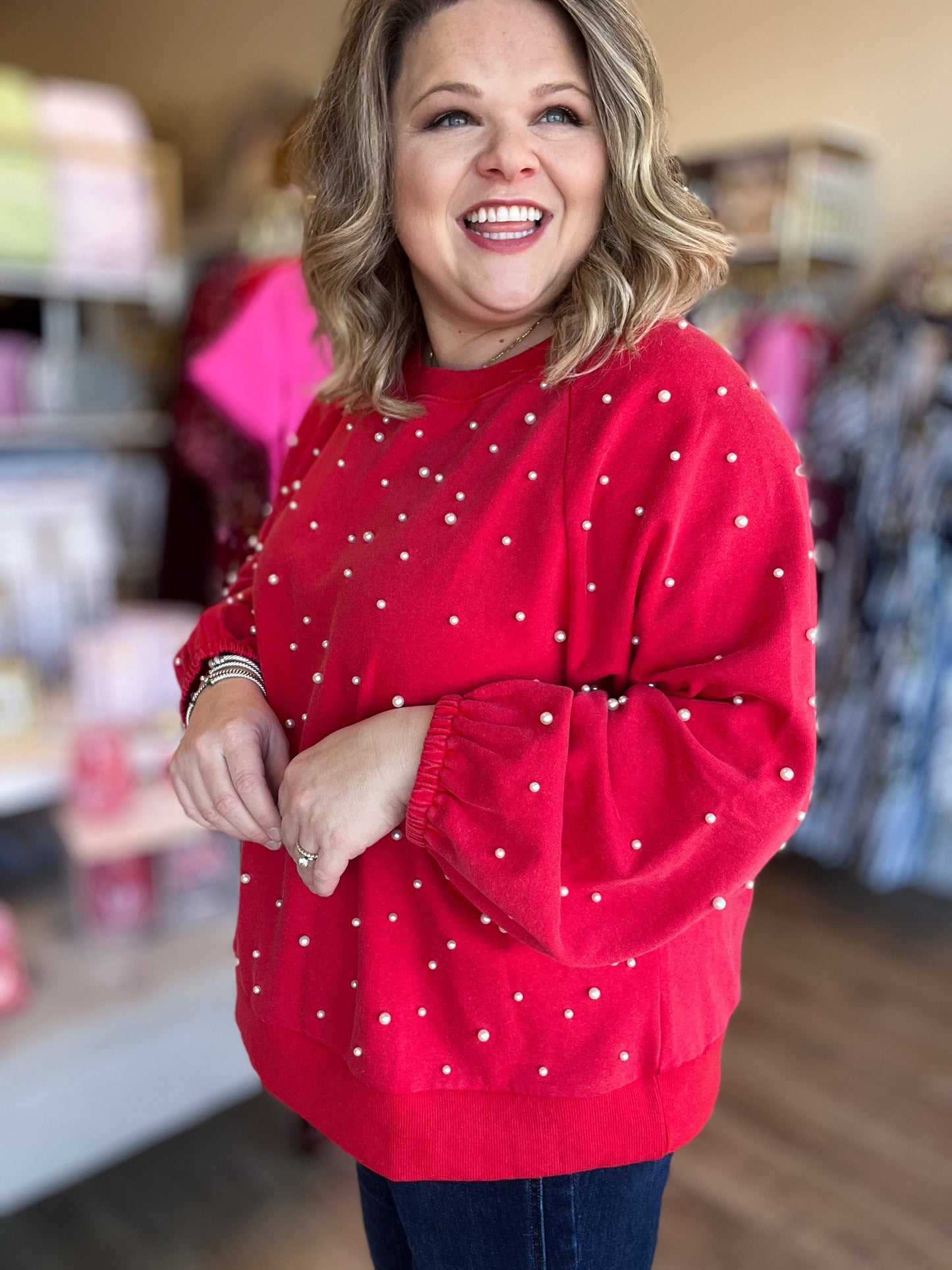 Adore You Plus-Size Long Sleeve Pearl Top