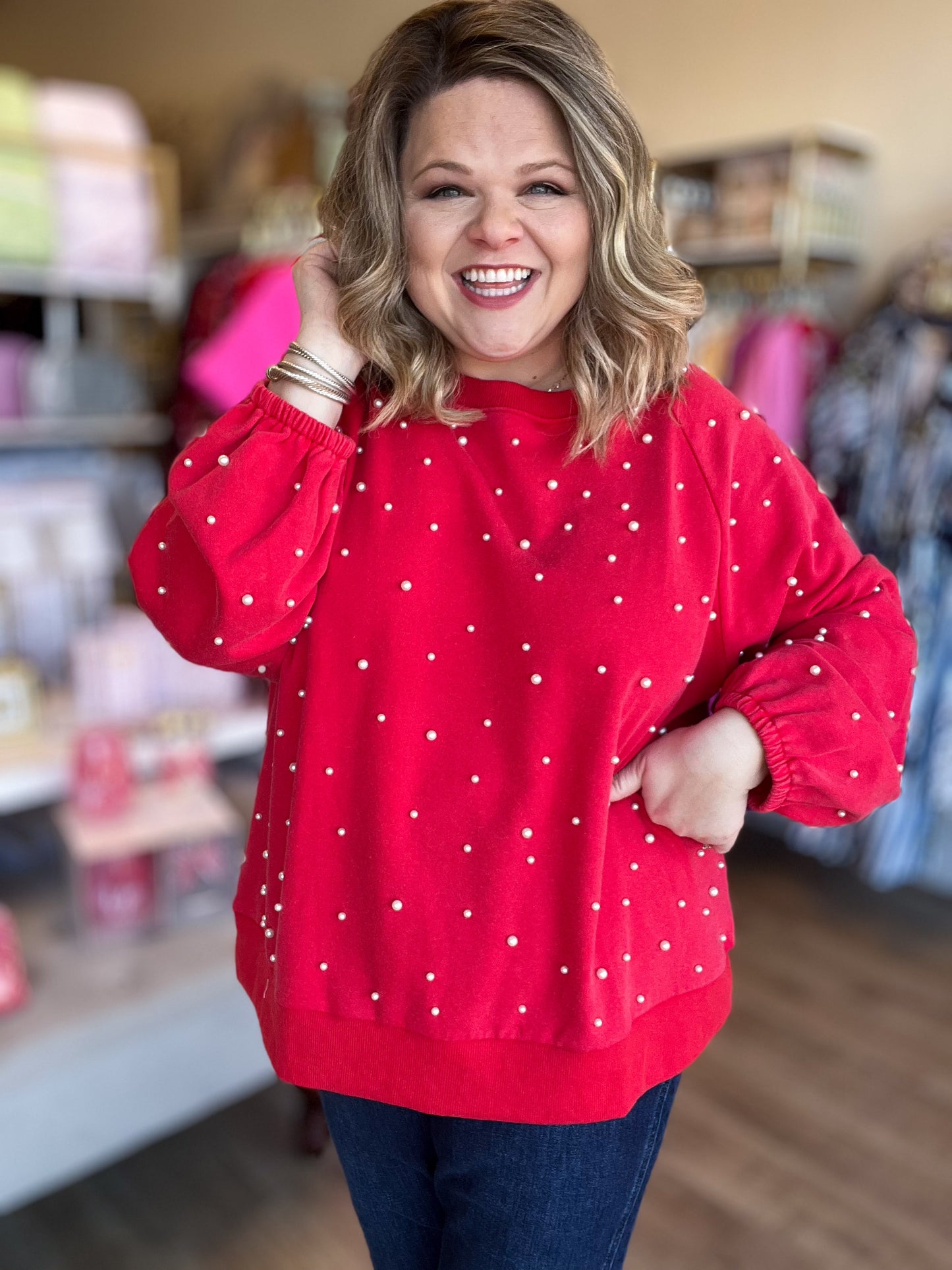 Adore You Plus-Size Long Sleeve Pearl Top