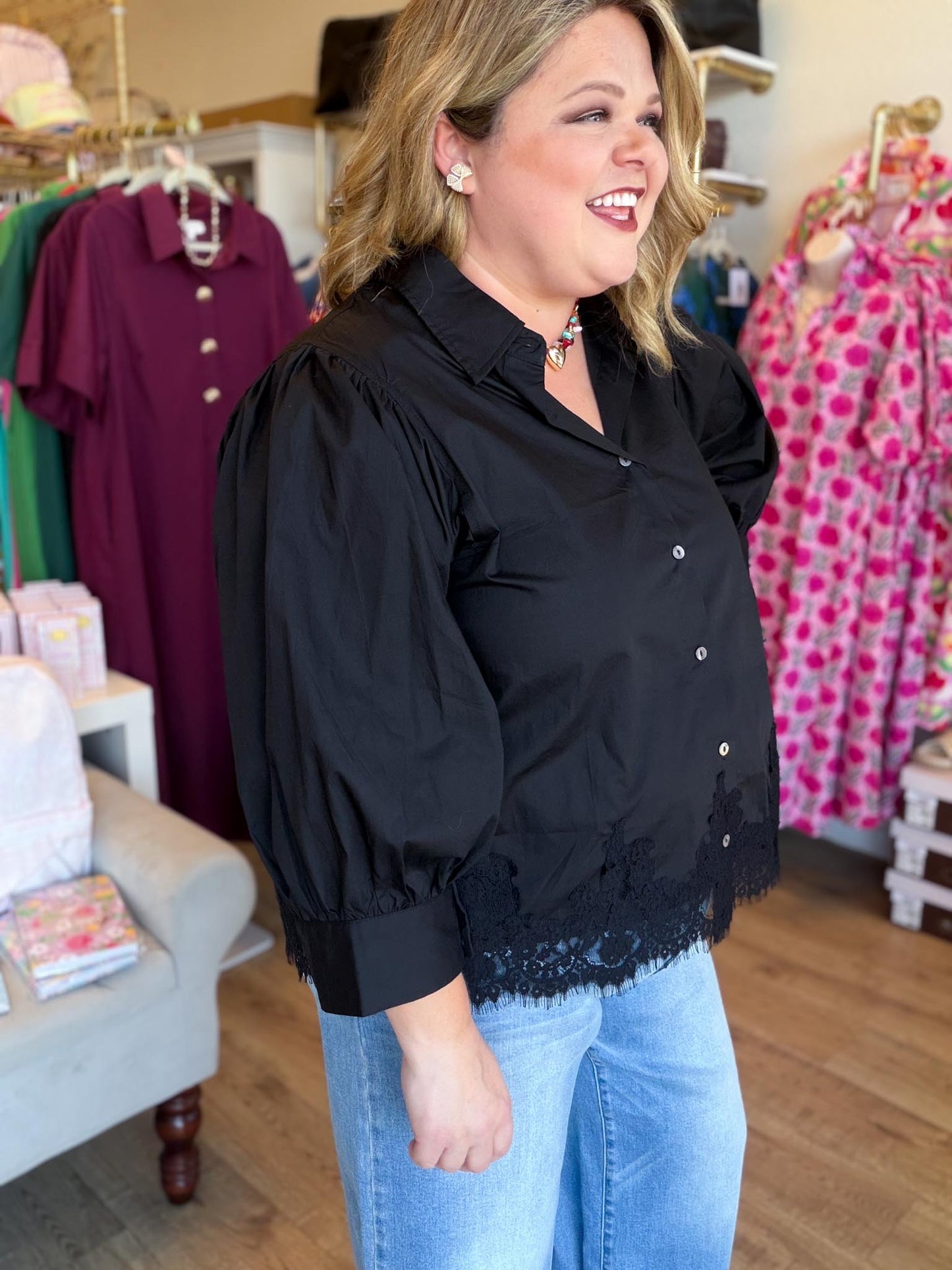 After Twilight Curvy Black Button Down Top