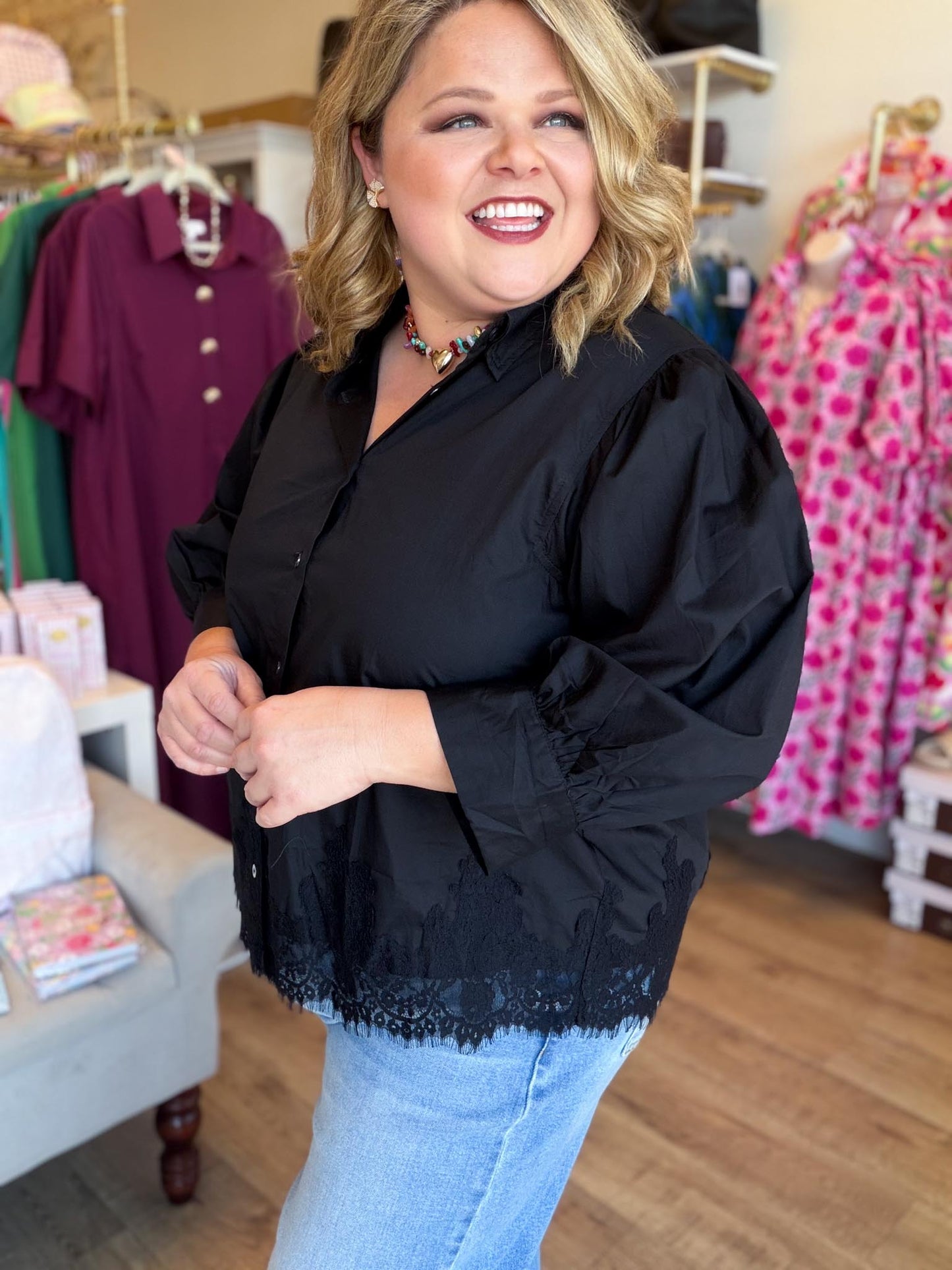 After Twilight Curvy Black Button Down Top