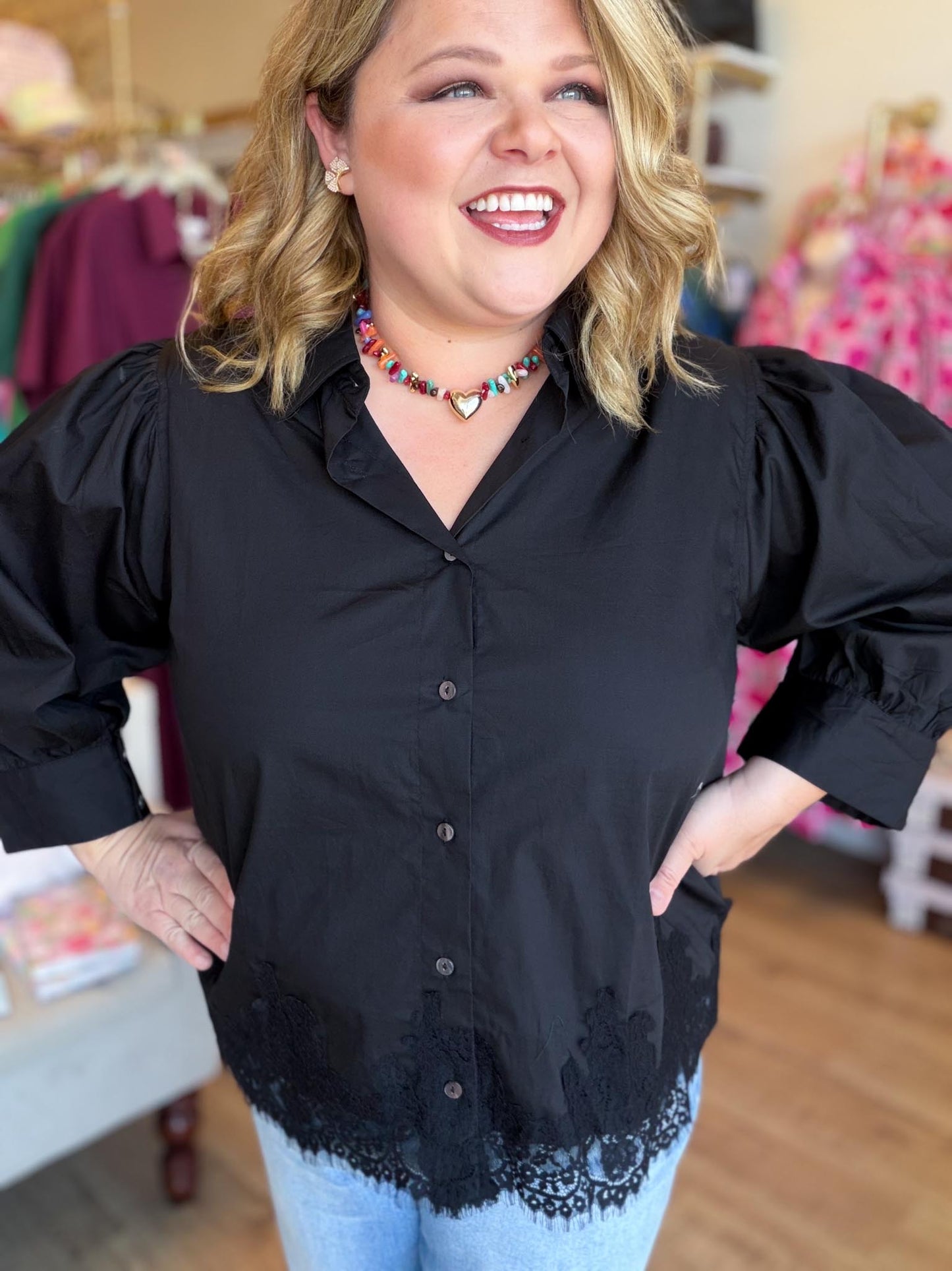 After Twilight Curvy Black Button Down Top