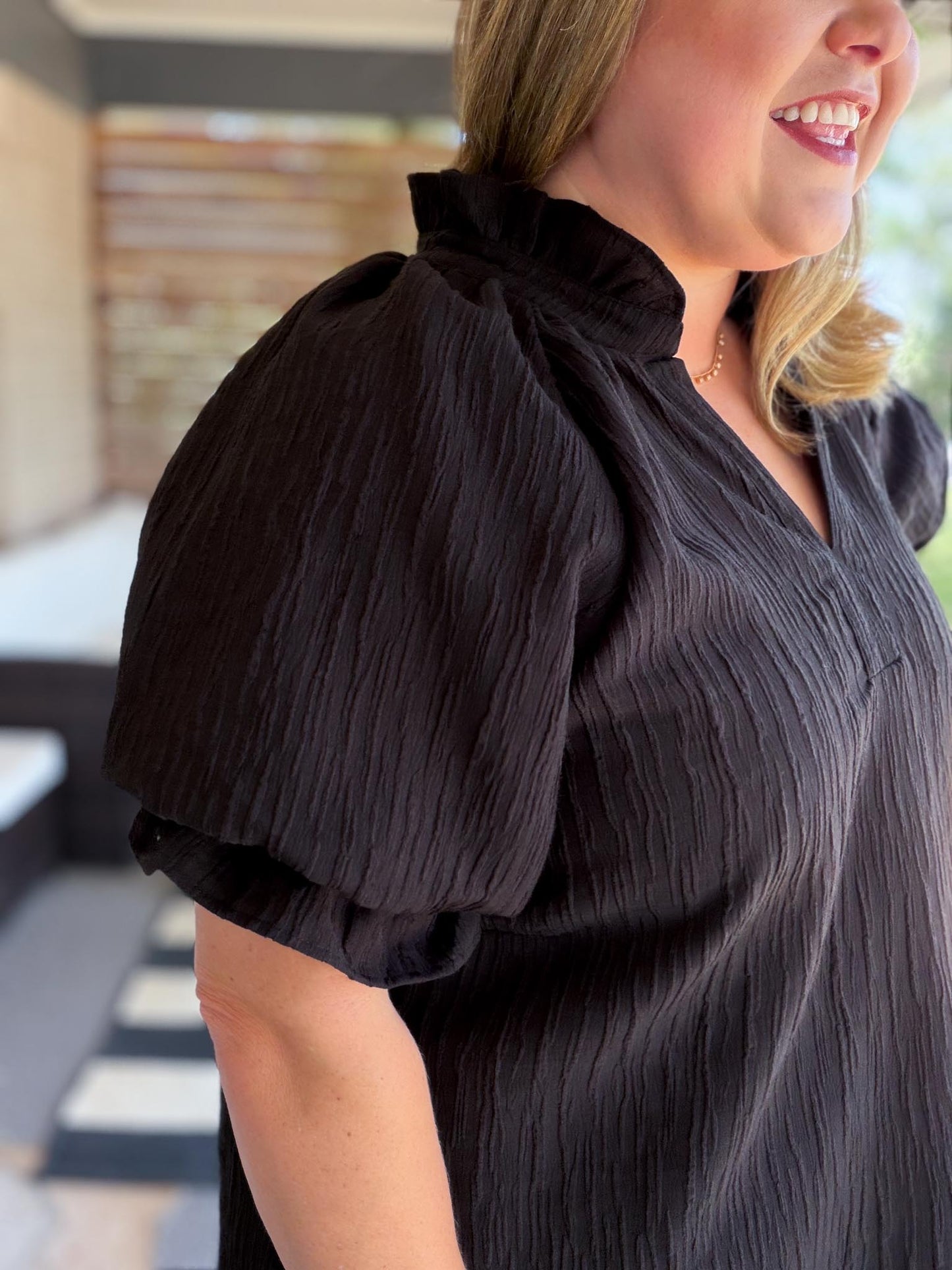 Afterglow Curvy Black Ruffled Shift Dress