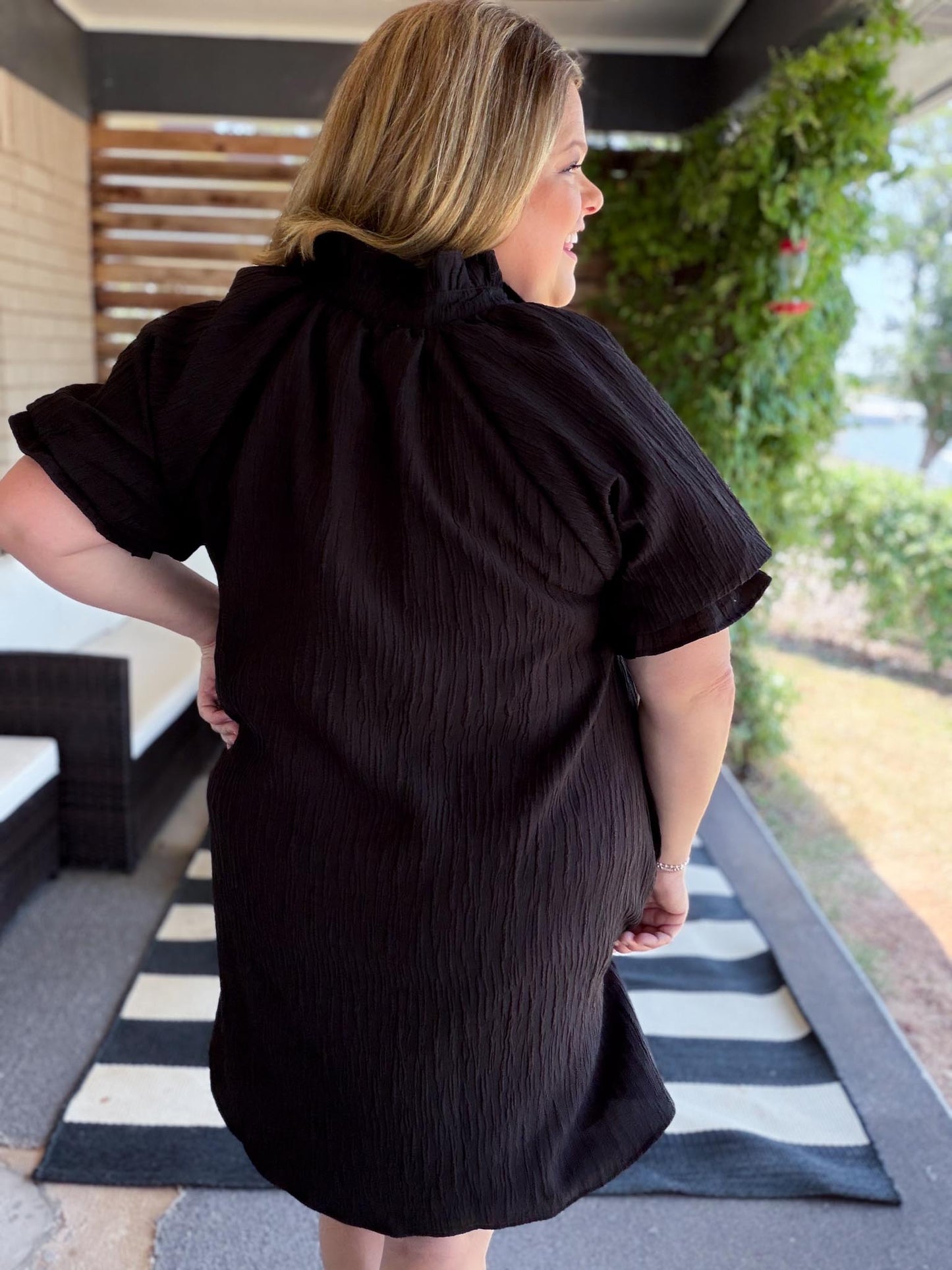Afterglow Curvy Black Ruffled Shift Dress