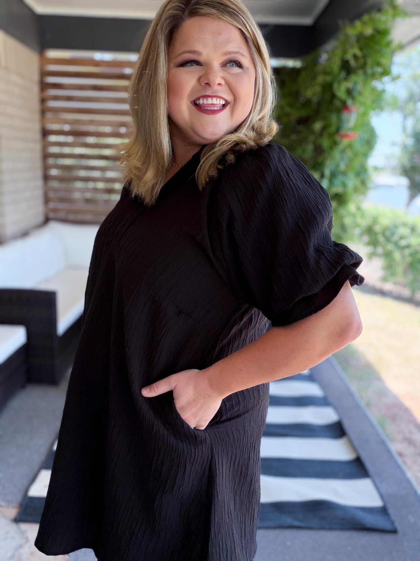 Afterglow Curvy Black Ruffled Shift Dress