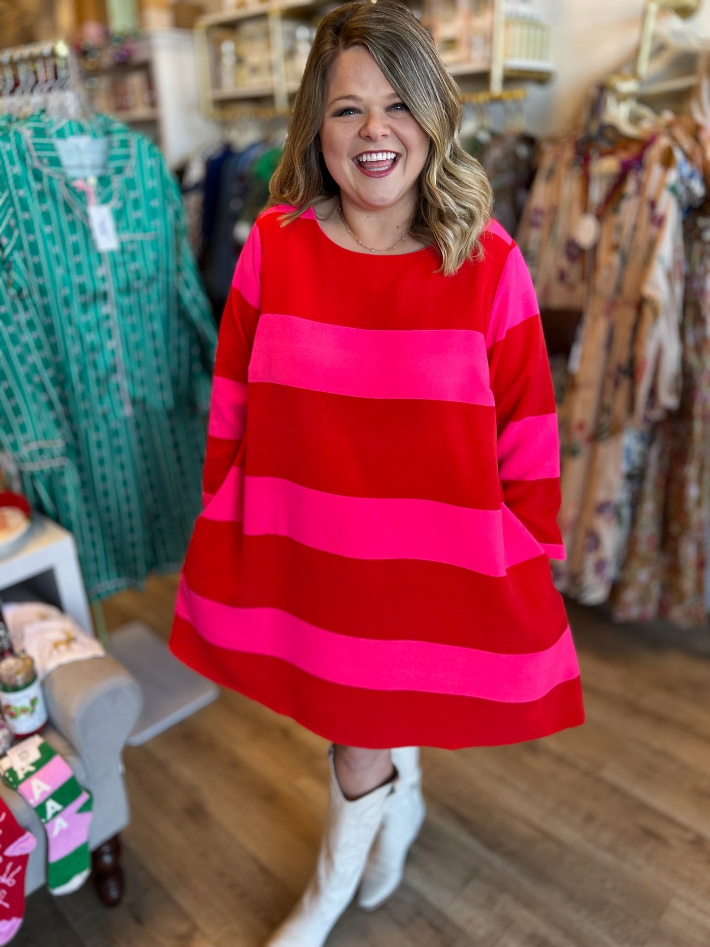RESTOCKED! All is Bright Plus-Size Red & Pink Stripe Dress