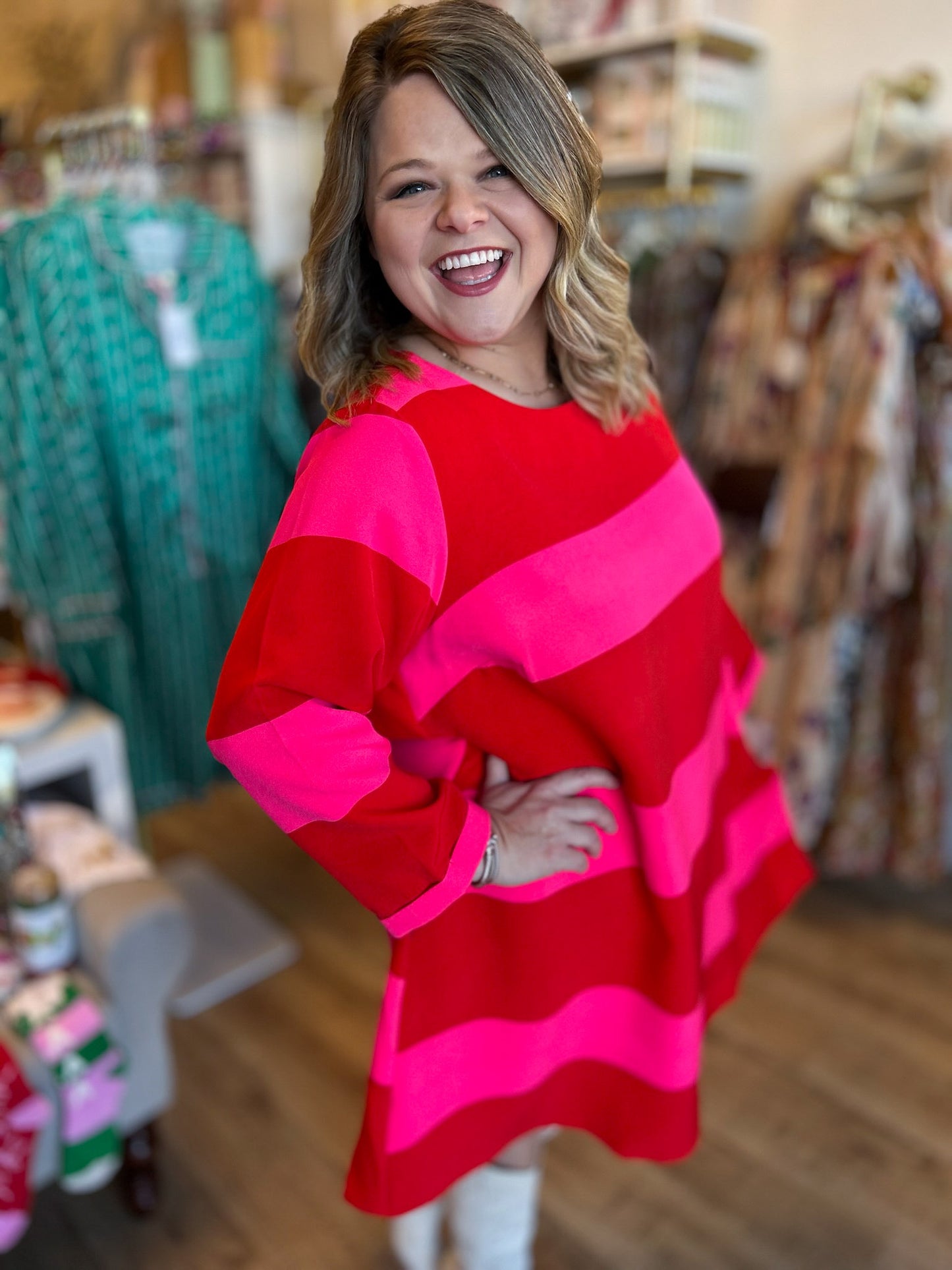 RESTOCKED! All is Bright Plus-Size Red & Pink Stripe Dress