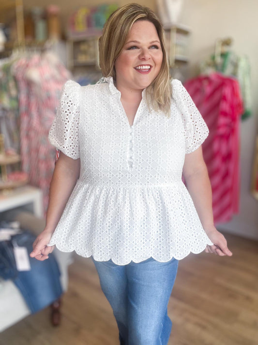 American Honey Curvy White Eyelet Peplum Top